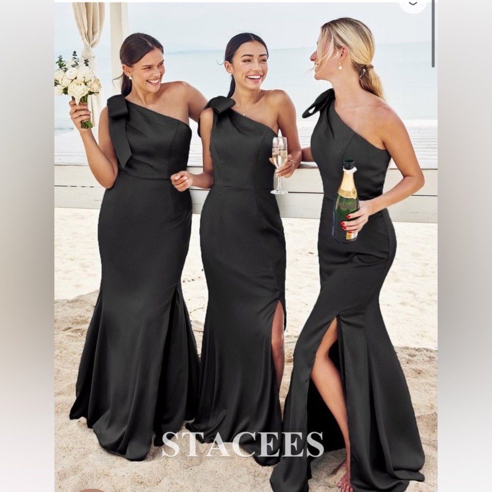 one shoulder black bridesmaid / wedding guest dress